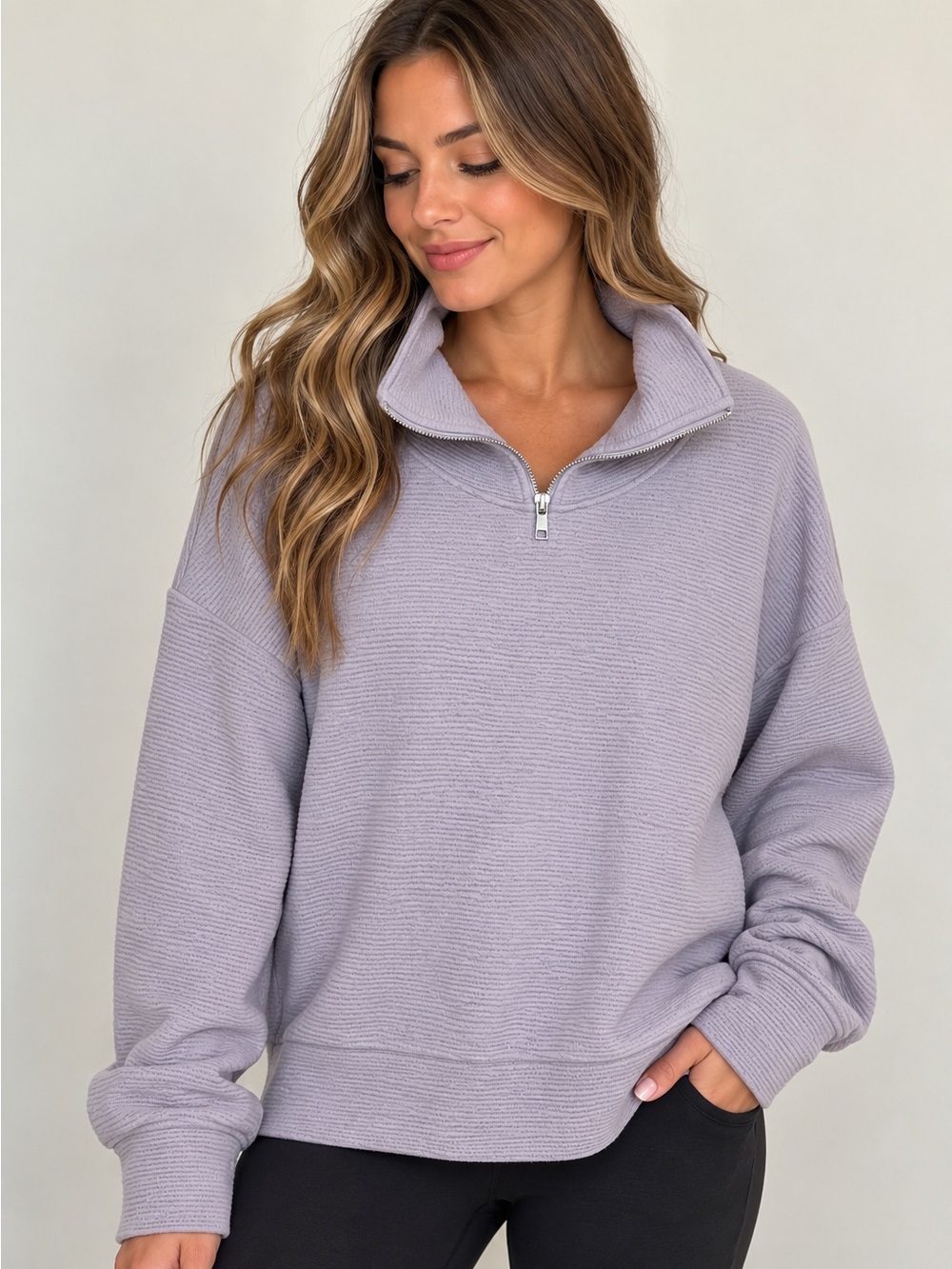 CALIA Textured Quarter Zip Funnel Neck Pullover Sweatshirt Lavender S